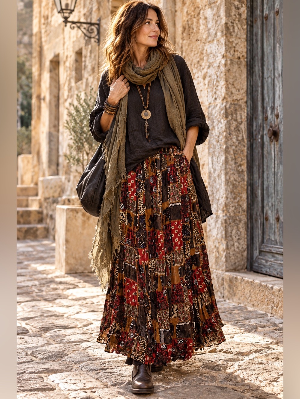 Jane Ashley Brown Red Maxi Skirt Beaded Patchwork Boho Lagenlook Artsy Crinkle